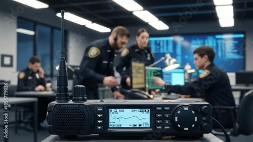 A bustling police communication center showcasing officers immersed in technology and teamwork as they monitor radio frequencies and respond to calls for service