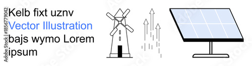 Renewable energy, sustainable power, eco-friendly technology, solar energy, wind energy, environmental conservation. Windmill with arrows and a solar panel. Renewable energy