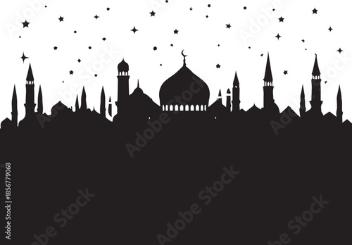 Silhouette of islamic city skyline with domes and minarets against a starry sky