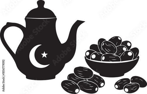 Ramadan iftar silhouette of tea pot and dates