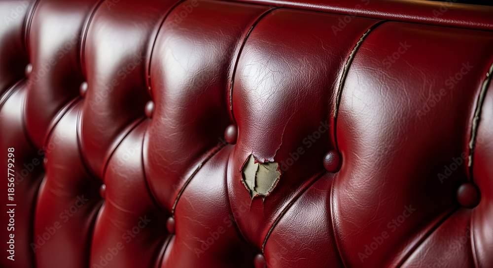 Obraz premium Damaged luxurious red leather tufted upholstery with visible wear and tear, conveying a sense of age and history.