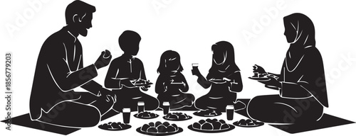 Silhouette of a family enjoying a meal together on the floor
