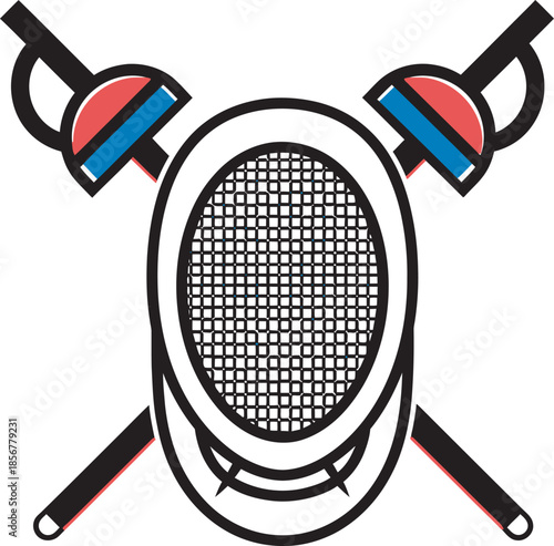 Professional fencing vector illustration featuring a protective mesh mask and two crossed foils with red and blue accents. Iconic sports graphic perfect for fencing club logos and competition branding