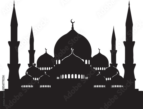 Silhouette of a grand mosque with multiple domes and minarets against a white background