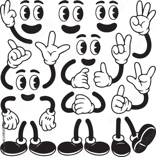 Retro cartoon character faces hands and legs vector illustration silhouette