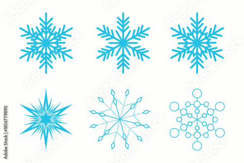 Snowflake icons collection with flat blue design elements for winter holiday decorations