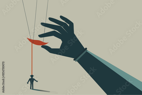 Minimalist concept of manipulation and control showing a large hand holding strings attached to a red smile controlling a small puppet figure