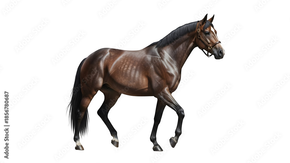 Obraz premium Majestic brown thoroughbred horse with bridle isolated on black background