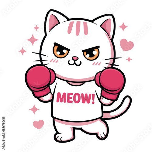 Fierce cartoon cat in boxing gloves and meow t-shirt with orange eyes Keywords: cat, kitten