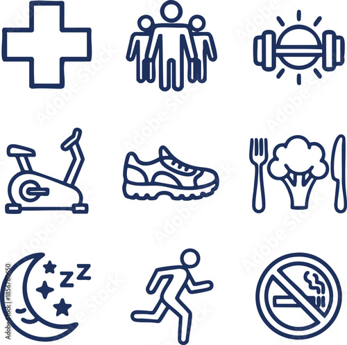 plus sign, group of people, sun, exercise bike, sneaker, fork and knife, broccoli, moon and stars, walking person, no smoking.eps