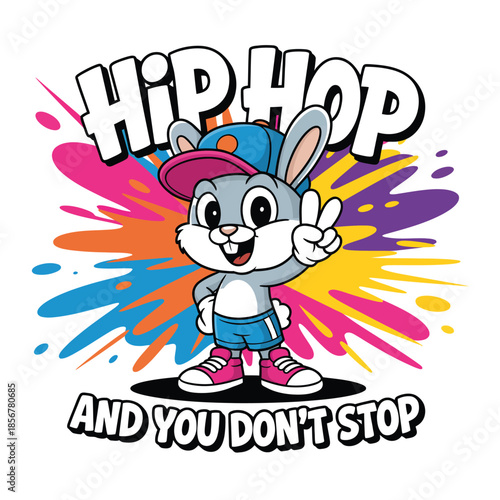 Gray cartoon bunny in hip hop style with colorful paint splashes