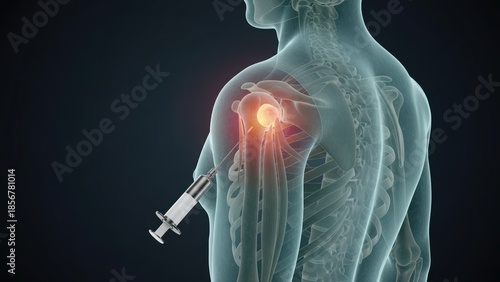 Shoulder joint with injection device targeting treatment area for joint pain and joint stiffness healthcare concept