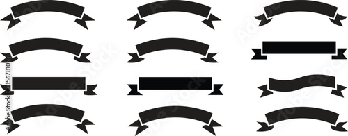 Black ribbon set. Paper Ribbon black silhouette icons. Banner ribbon vector set. Simple banner ribbon for decorative design. Ribbons collection.