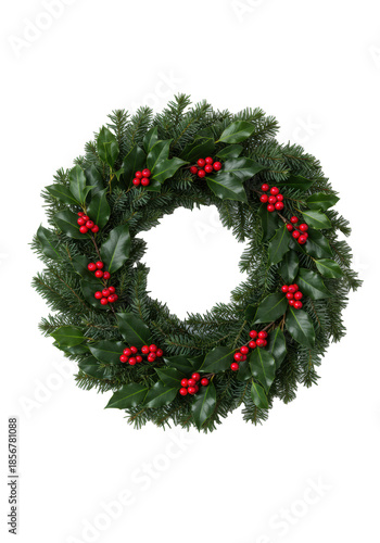A meticulously crafted traditional christmas wreath with deep green fir, glossy holly, vibrant red berries, on transparent studio background with copy space, classic holiday warmth concept