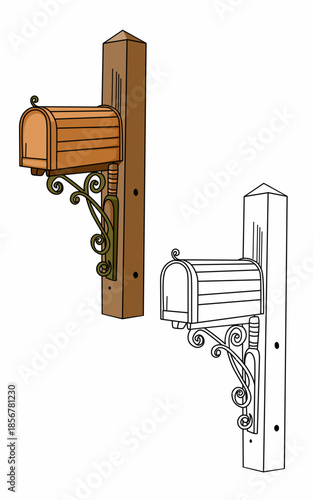 Classic wooden letter mailbox with a sign on it