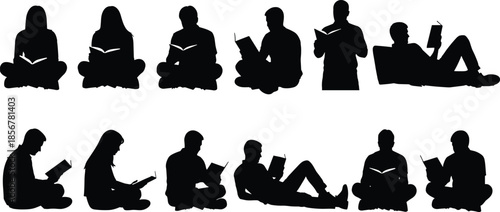 Set of people reading books silhouettes, students and readers sitting and lying down cad drawing flat vector illustration, education and library hobby symbols.