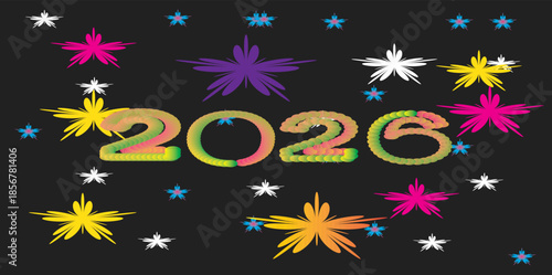Vector illustration of happy New Year fireworks and stars creating a festive pattern across a blue night sky background with moon shapes and Christmas holiday celebration art design elements