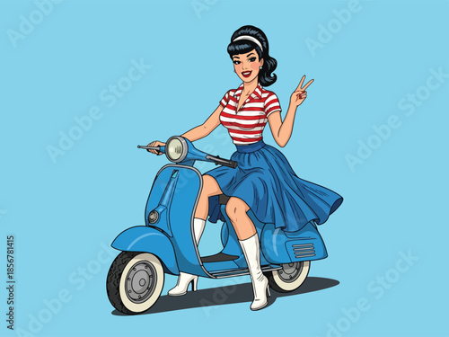 Pop art pin up girl riding classic scooter on city street, modern vector illustration with solid colors, ideal for urban lifestyle and retro posters