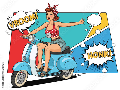 Pop art pin up girl riding classic scooter on city street, modern vector illustration with solid colors, ideal for urban lifestyle and retro posters