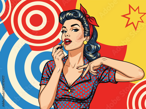 Pop art pin up girl applying lipstick in front of mirror, modern vector illustration with bold shapes and solid colors, ideal for beauty branding