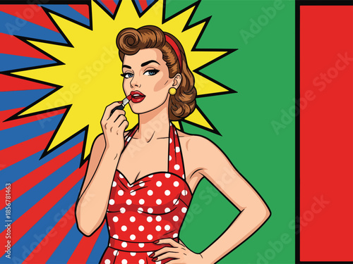 Pop art pin up girl applying lipstick in front of mirror, modern vector illustration with bold shapes and solid colors, ideal for beauty branding