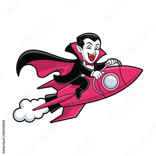Cartoon Vampire Riding a Pink Rocket Ship with Smoke Trail