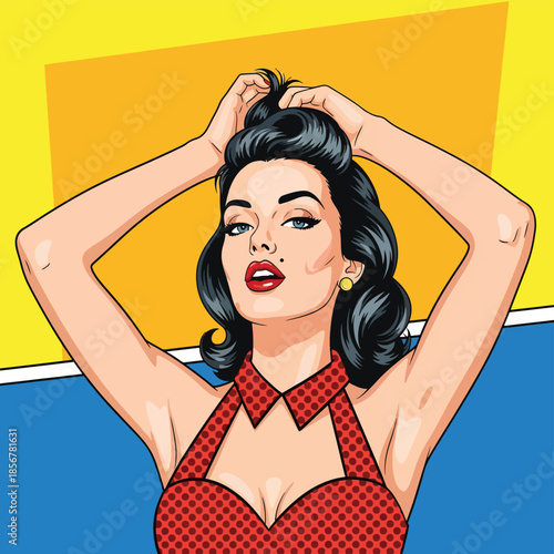 Pop art pin up girl fixing hair, modern vector illustration with bold shapes and solid colors, ideal for beauty visuals