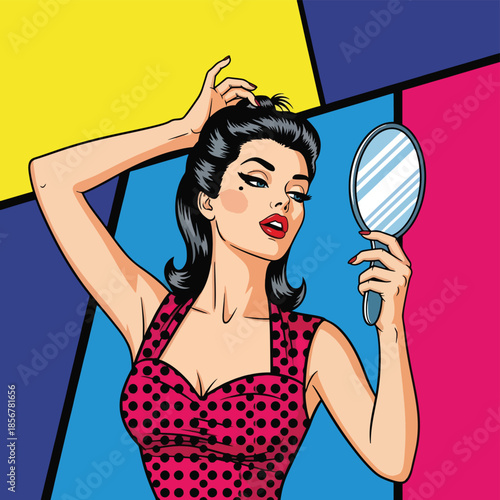 Pop art pin up girl fixing hair, modern vector illustration with bold shapes and solid colors, ideal for beauty visuals