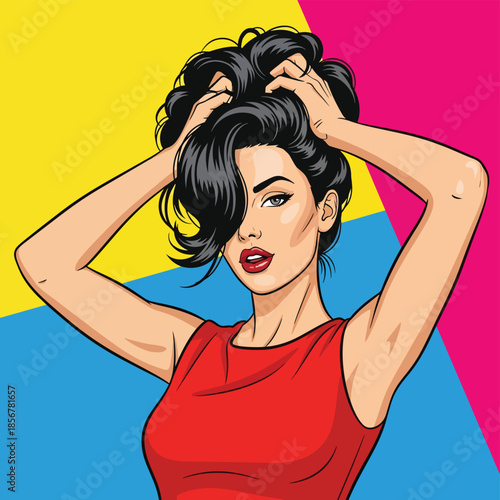 Pop art pin up girl fixing hair, modern vector illustration with bold shapes and solid colors, ideal for beauty visuals