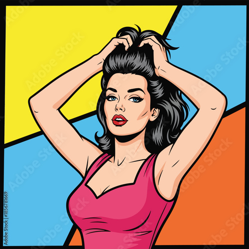 Pop art pin up girl fixing hair, modern vector illustration with bold shapes and solid colors, ideal for beauty visuals