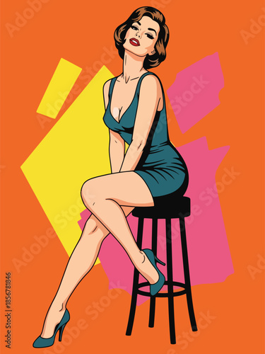 Pop art pin up girl sitting on bar stool, casual modern vector illustration with solid colors, ideal for retro diner lifestyle themes