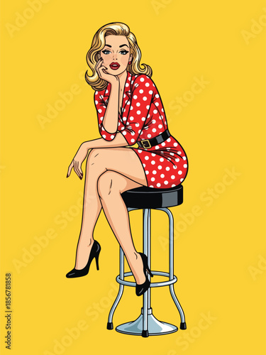 Pop art pin up girl sitting on bar stool, casual modern vector illustration with solid colors, ideal for retro diner lifestyle themes