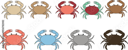 Collection of colorful crab vector illustrations, various sea crabs in red, blue, green, and brown, isolated on white background set.