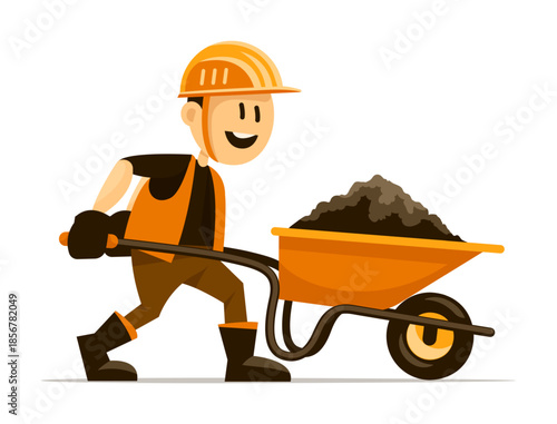 Construction worker with wheelbarrow working on the construction site of house building. Working cartoon character in a helmet. Vector Illustration Isolated.