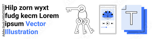 Digital security, multimedia production, tech interface design, content management, lock systems, electronic access. Keys, a smartphone and documents. Digital security and multimedia production