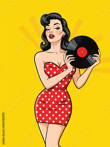 Pop art pin up girl holding vinyl record, nostalgic modern vector illustration with solid colors, ideal for music and retro culture designs