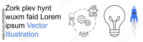 Innovation, teamwork, strategy, startup, problem solving, creative thinking. Lightbulb, rocket house gears and people icons in minimalist style. Innovation and teamwork concept