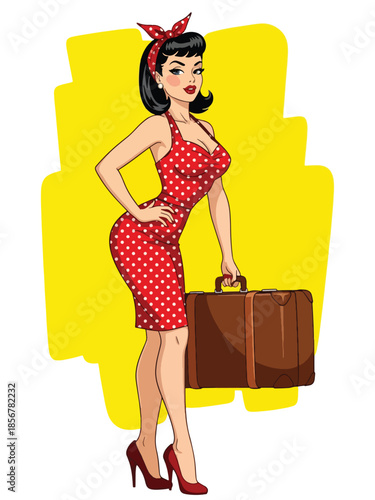 Pop art pin up girl carrying suitcase, modern vector illustration with solid colors, ideal for travel and adventure lifestyle visuals