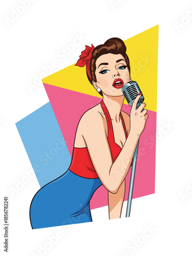 Pop art pin up girl singing with microphone, energetic modern vector illustration with solid colors, ideal for music and entertainment themes