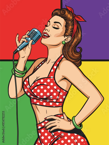Pop art pin up girl singing with microphone, energetic modern vector illustration with solid colors, ideal for music and entertainment themes