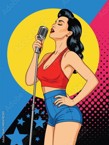Pop art pin up girl singing with microphone, energetic modern vector illustration with solid colors, ideal for music and entertainment themes