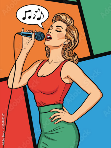 Pop art pin up girl singing with microphone, energetic modern vector illustration with solid colors, ideal for music and entertainment themes