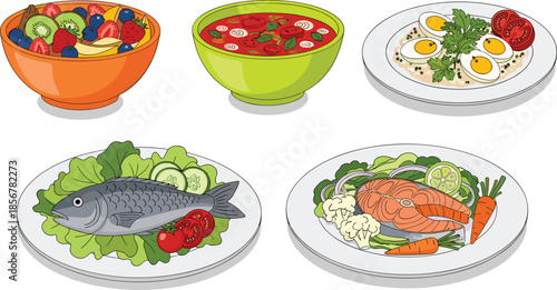 Collection of healthy meal illustrations including fresh fruit salad, tomato soup, boiled eggs with tomatoes, grilled fish, and salmon fillet.