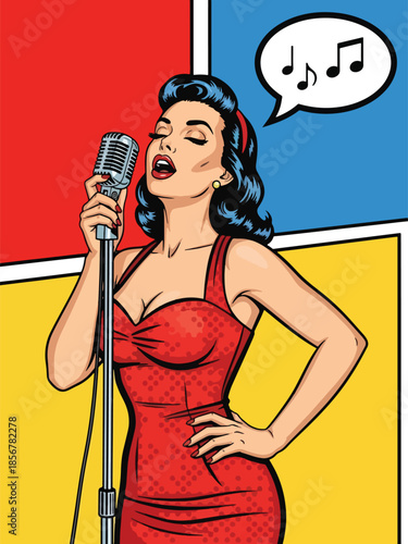 Pop art pin up girl singing with microphone, energetic modern vector illustration with solid colors, ideal for music and entertainment themes