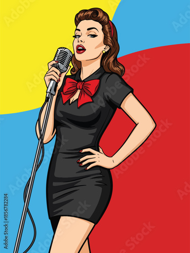 Pop art pin up girl singing with microphone, energetic modern vector illustration with solid colors, ideal for music and entertainment themes