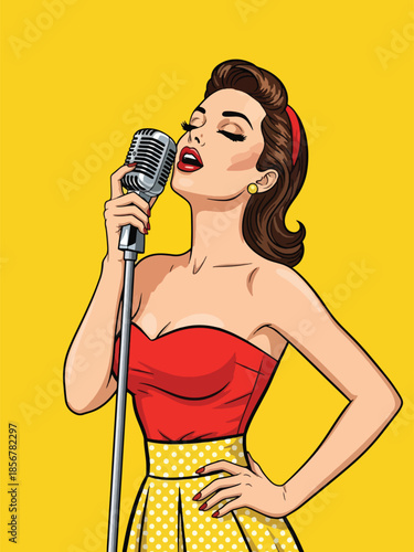 Pop art pin up girl singing with microphone, energetic modern vector illustration with solid colors, ideal for music and entertainment themes