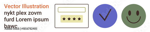 Customer feedback, satisfaction measurement, user interaction, quality assurance, voting systems, online reviews. Icons of a rating box, checkmark and happy face. Customer feedback and satisfaction