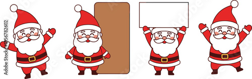 Cute Cartoon Santa Claus Character Set Featuring Various Poses, Holding Blank Signage Boards, Waving, and Celebrating for Christmas Holiday Season Promotions