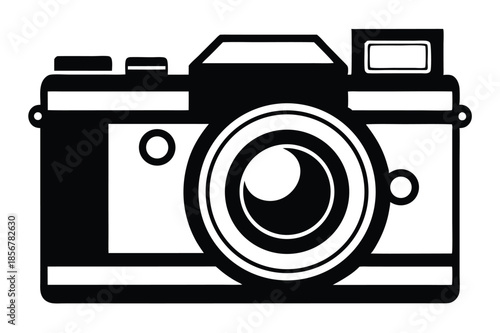 single lens reflex film camera silhouette line art vector illustration