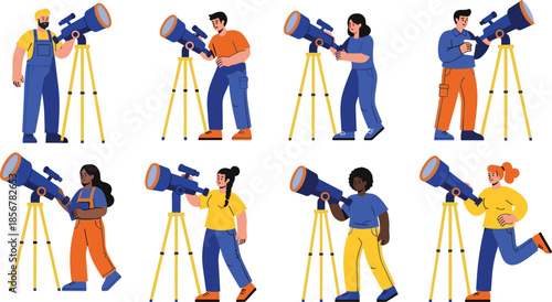 Diverse group of people using telescopes for stargazing, amateur astronomers observing space, flat vector characters set isolated on white background.